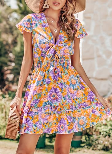 PRETTYGARDEN Women Summer Mini Short Dress 2025 Short Sleeve Casual Beach Vacation Sundress V Neck Tiered Sun Dresses
