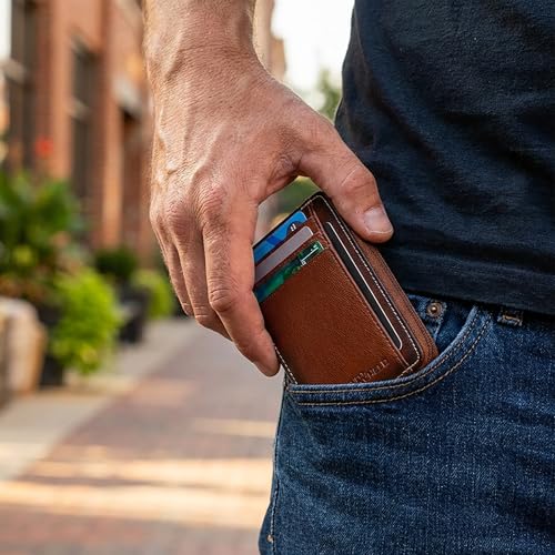 Image of ID Stronghold RFID Blocking Front Pocket Wallet - Slim Minimalist Genuine Leather Wallet with Zipper Coin Pocket (Antiqued Brown)