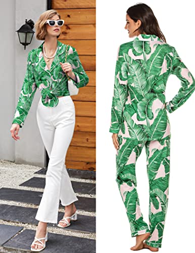 Ekouaer Pajama Set For Women Button Down Nightwear Soft Cotton Sleepwear Pjs 2 Piece Lounge Set,Medium,Green Leaves #TOP2