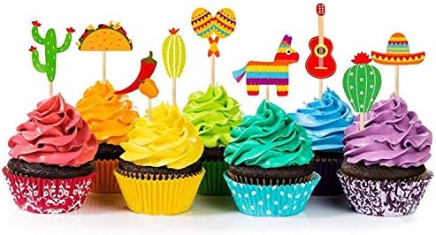 36 Pcs Fiesta Cupcake Topper Mexican Theme Cake Decoration for Mexican Themed Cactus Donkey Taco Pepper Sombrero Mustache Party Decorations
