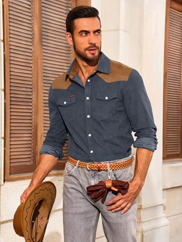 Image of Yousify Mens Western Cowboy Shirt Retro Corduroy Shirts with Pockets | Long Sleeve, Button Down, Vintage Snap Shirt, Country Shacket Jackets