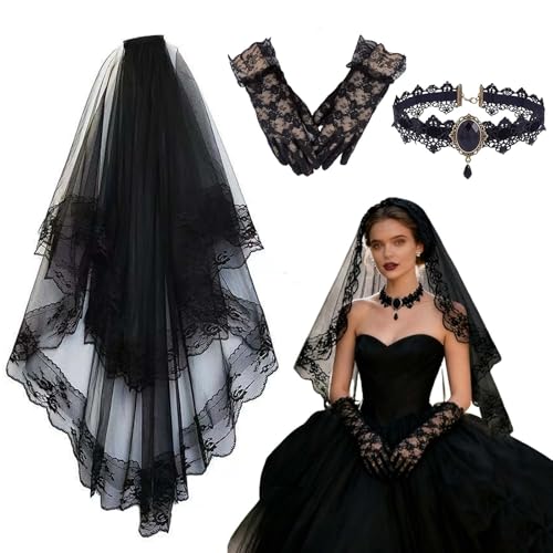 Vrexziy Schleier Schwarz Brautschleier Schwarz mit Kamm Schleier Spitze Hexe Cosplay mit Spitzenhandschuhe und Halskette für Hochzeit Halloween Karneval