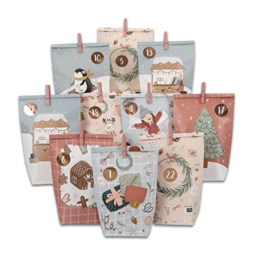 Papierdrachen Adventskalender 2024 zum Befüllen - 24 bedruckte, nachhaltige Geschenktüten in Eisblau & Rosa mit Zahlenaufklebern & Klammern - Weihnachtsmotiv - DIY Bastelset für Weihnachten