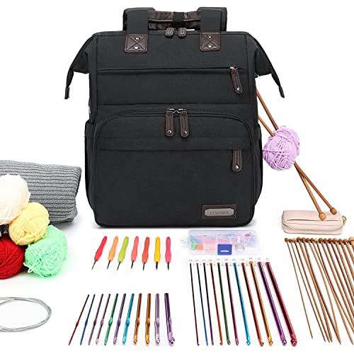 crochet backpackknitting bag backpack yarn storage organizer travel crochet bag with usb charging portyarn tote bag yarn holder case for knitting needles crochet hookscrochet accessoriesblack