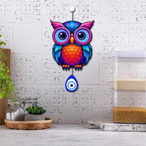 Image of GENXTRA Neon Multicolor Owl Wall Hanging with Nazar Protection Charm | MDF Wooden Decorative Wall Art for Home & Office | Modern Boho Decor