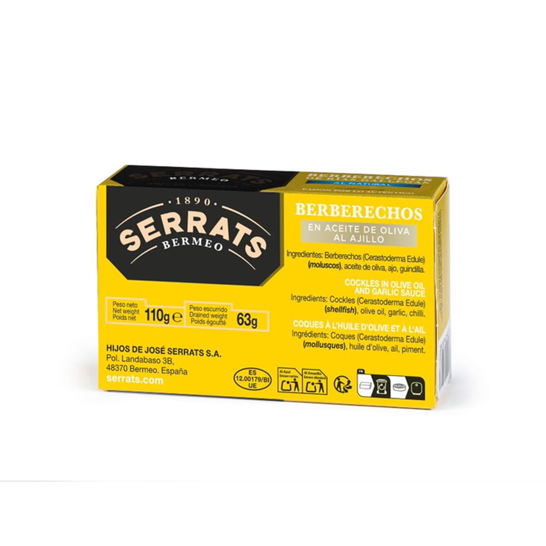 CONSERVAS SERRATS - Berberechos en Aceite de Oliva al Ajillo 45/55 Piezas por Lata - 6 latas x 110g (Total: 660g) - Elaboración Artesanal desde 1890 - Sin Gluten, Rico en Omega 3