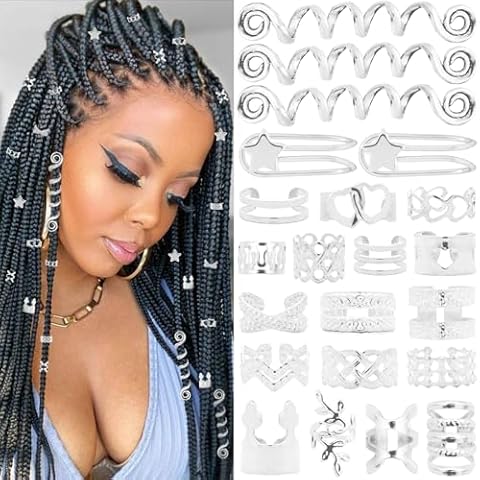 Vaikby 103PCS Silver Hair Jewelry for Braids Accessories, Hair Cuffs & Rings, Loc Jewelry for Black Women, Metal Silver Hair Accessories, Braid Decorations, Hair Charms for Dreadlocks and Braiding Cover