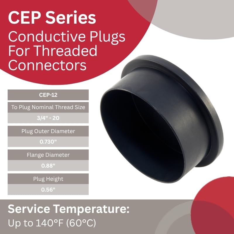 Image of Caplugs CEP-12 CEP Series - Plastic Conductive Plug for Threaded Non-Threaded Connectors, 100 Pack, Black EVA, Nominal Thread Size 3 /4-20 inch, Mechanical Protection, Electrical Shields, Low Resistance