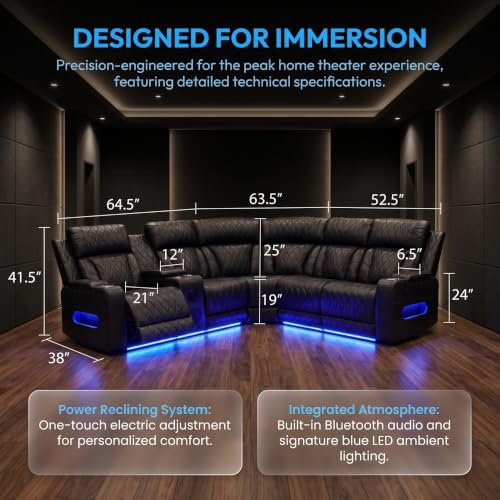 Image of Power Recliner Leather Sectional Sofa with Bass Speakers, Cup Holder Storage for Home Theater