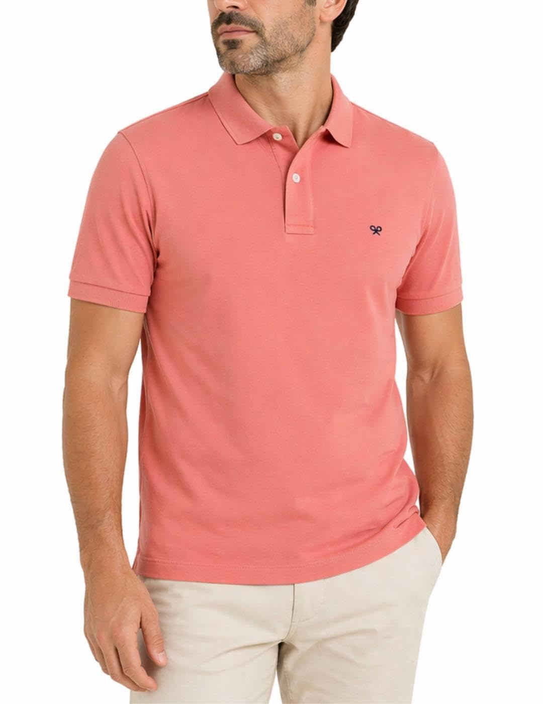SILBON Classic Plain Polo Shirt, Coral Garden, M-4XL