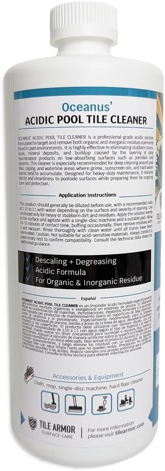 Oceanus Acidic Pool Tile Cleaner – Heavy Duty Deep Stain Remover for Pool & Acid-Resistant Surfaces, Removes Organic & Inorganic Residues, Tough Calcium & Mineral Buildup, 32 Fl Oz