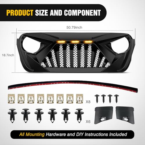 Nilight Front Bumper Grill Cover for 2018 2019 2020 2021 2022 2023 2024 2025 Wrangler JL and Gladiator JT with LED Amber Lights Matte Black by Nilight - Image 2