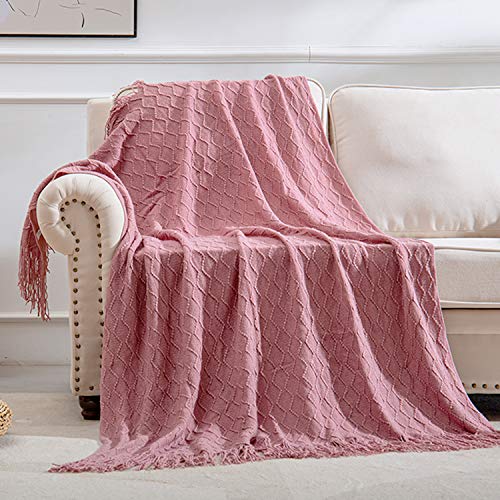 Image of SPAOMY Throw Blanket, Knit Blanket with Tassels, Textured Cozy Lightweight Decorative Throw Blanket for Couch, Bed, Sofa, Travel- All Seasons (50x60 Inch, Mauve)