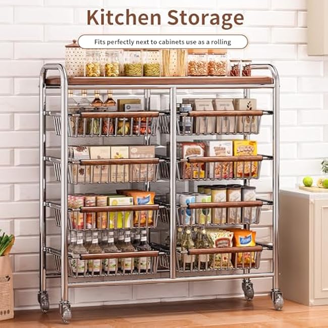 Rolling Organizer Cart with Wire Baskets, Kitchen and Pantry Snack Storage Rack, Metal Utility Shelf for Fruits, Vegetables, Bathroom, Laundry on Wheels 10-Tier-8E5C2cZh