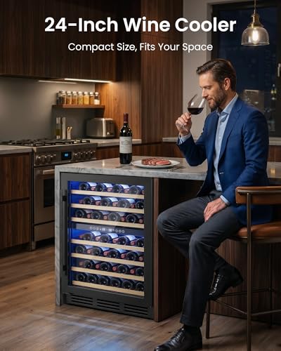 Image of 24 Inch Wine Cooler Refrigerator, 54 Bottle Wine Fridge, 40-65F Dual Zone UV-Resistant Glass Door, Quiet Compressor Cooling, Built-in or Freestanding Fridge for Home /Bar /Kitchen, Black