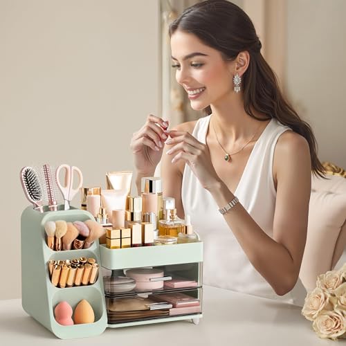 Image of HBlife Makeup Organizer with Brush Holder for Vanity, Large Plastic Bathroom Countertop Organizer Skin Care Storage, Easy to Store Lipsticks, Nail Polishes, Perfumes, Eyeshadow Palettes, Green