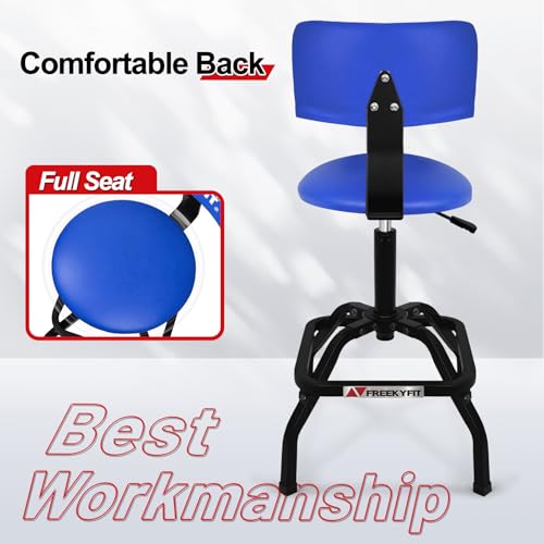 Image of Shop Stool with Backrest, Mechanic Garage Stool for Workshop, Adjustable Shop Stools Chair, Padded Workbench Stools for Men Women, 300 LBS Capacity, 360 Swivel PVC Seat, Heavy Duty, Blue