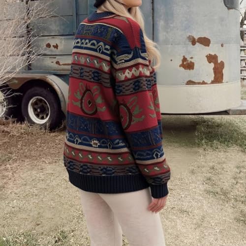 Image of Women Vintage Striped Pullover Sweater Y2k Long Sleeve Crew Neck Loose Knit Sweaters Fall Winter Knitwear