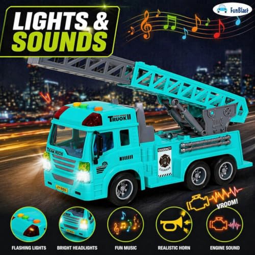 Image of FunBlast Fire Rescue Truck Toy - Realistic City Fire Engine with Light, Sound & Water Spray, Friction Powered Fire Truck Vehicle Toy for Kids Boys & Girls Age 3+ (Green)