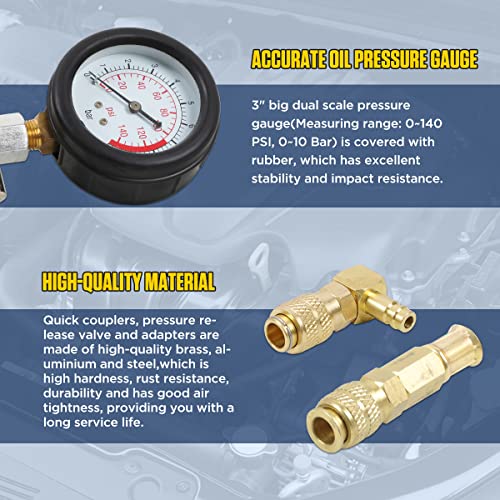 Oil Pressure Tester Professional Fuel Pressure Test Kit Dual Scale Oil Pressure Gauge With 10 Pcs Adapters, 4 Ft Long Hose,2 Types Well-Sealed Quick Coupler & 8 Seal Gaskets For Cars,Motorcycles,Boats #TOP3