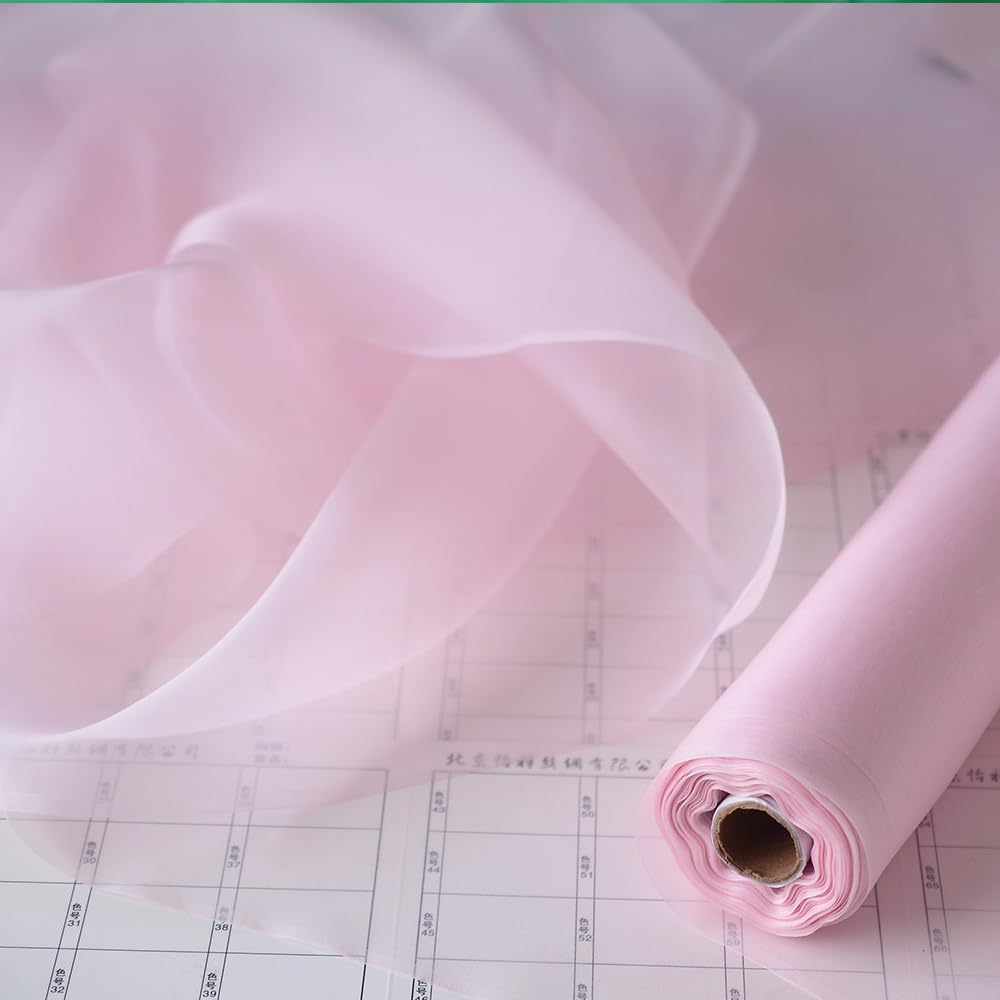 Silk Organza Sheer Fabric,5.5mommes Thick. It is Used for DIY Sewing of Clothes and Wedding Dresses, as Well as Handicraft Production. Width: 54 inches, Length: 1 Yard (Light Pink 01)