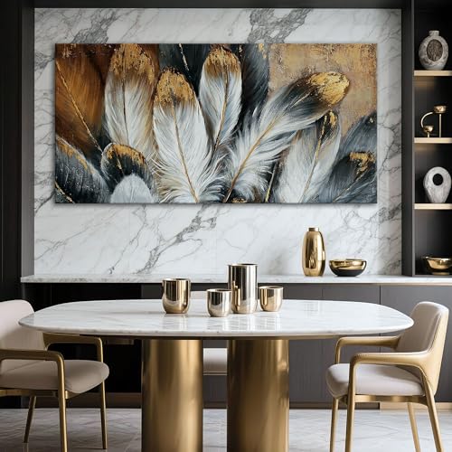 Image of Feather Canvas Wall Art Modern Living Room Bedroom Wall Decoration Large Giclee Print Canvas Painting Artwork for Home Decor One Piece White Gold Brown Feather Picture Ready to Hang 58x29 Size