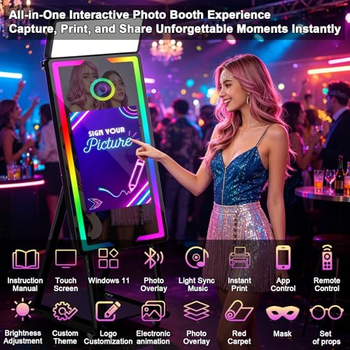 Image of Mirror Photo Booth with Printer 45-22in Interactive DSLR Photo Booth with Flight Case Remote Control RGB Light, Professional Photo Booth for Weddings Parties Event Rentals (Black-2)