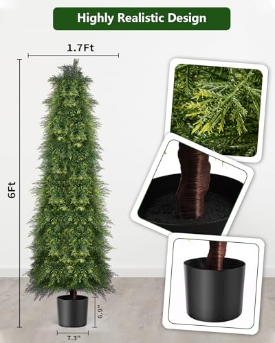 Image of 2 Pack 6ft Artificial Cedar Topiary Trees, Outdoor Artificial Plants for Front Porch Decor, Artificial Shrubs Fake Plants Uv Rated Potted Plants for Outdoor, Indoor, Front Door, Office.