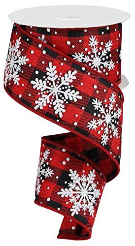Image of Buffalo Plaid Snowflakes Wired Ribbon - 2 1 /2 inch x 10 Yards, Red & Black Checks, Christmas Tree Ribbon, Farmhouse, Wreath, Swag, Garland, Gifts, Wrapping, Bows, Fundraiser, Classroom, Office