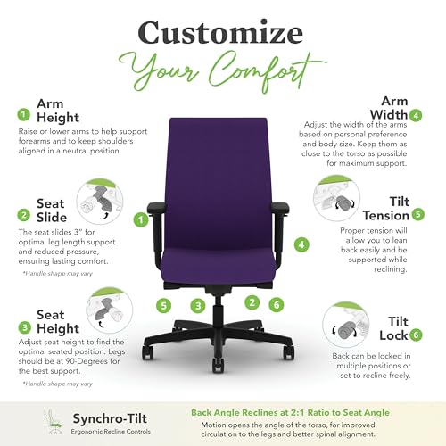 Image of HON Ignition 2.0 Ergonomic Office Chair with Adjustable Arms, Advanced Synchro‑Tilt Recline, Upholstered Desk and Computer Chair for Home Office or Workstation, Black Frame, Iris