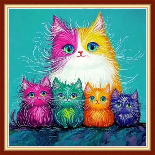 Image of Foxhool Beginners Cross Stitch Kits Stamped Full Range of Embroidery Kits for Adults DIY Cross Stitches kit Embroidery Patterns for Needlepoint kit-Colorful Cat Family 18x18 inch