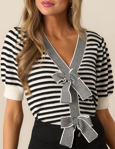 Image of InterNos Womens Bow Front Short Sleeves Sweater Classic Striped V Neck Cropped Knit Pullover Tops