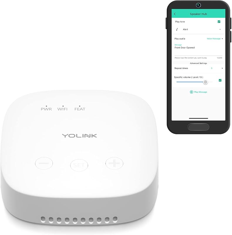 YoLink SpeakerHub: concentrador de parlantes para el hogar inteligente, reproduce tonos/alarmas y sus mensajes personalizados de texto a voz, anuncios de voz, alerta de voz de audio, alertas habladas, alcance de ¼ de milla con tecnología LoRa, requiere WiFi
