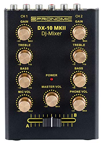Pronomic DX-10 MKII DJ Mixer - kompakter 2-Kanal-DJ-Mixer mit zwei Line-Eingängen und 2-Band Equalizer - Mikrofoneingang mit separatem Laustärkeregler - Master- und Kopfhörer-Ausgang - schwarz