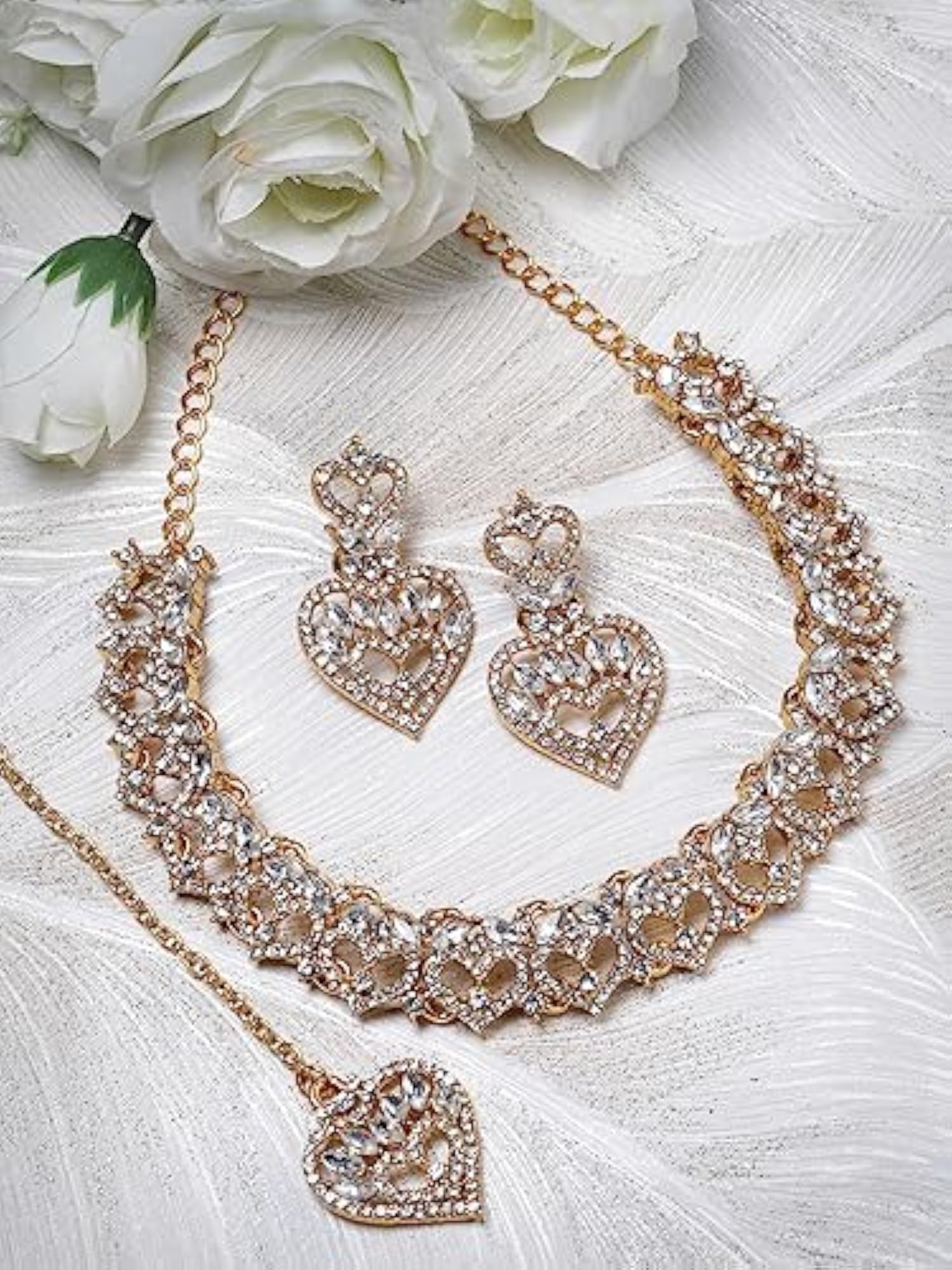 Plated AD Stone Collar Bone Necklace Set With Earring And Maangtika