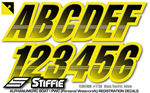 Image of STIFFIE Techtron Black /Electric Yellow 3 inch Boat & PWC Registration Decals • Numbers Letters Stickers