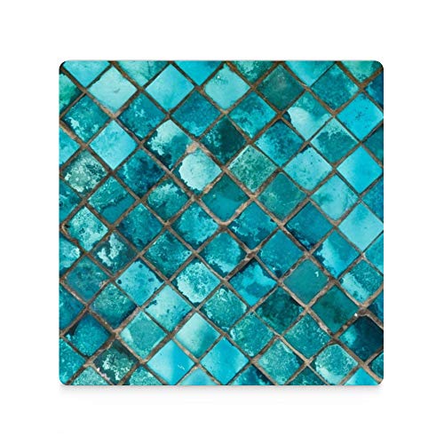 Lot de 4 dessous de verre pour boissons - Motif géométrique turquoise - Carré, bleu sarcelle - Absorbant - En céramique - Avec base en liège - Cadeau de pendaison de crémaillère
