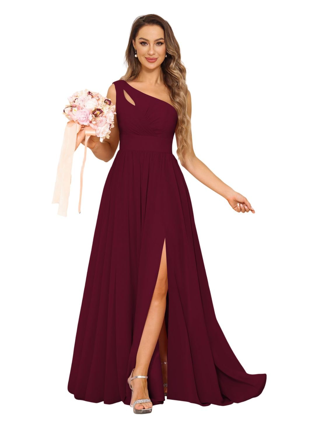 Stylefun One Shoulder A-Line Bridesmaid Dress with Slit Chiffon Pleated Formal Evening Gowns for Women STN030