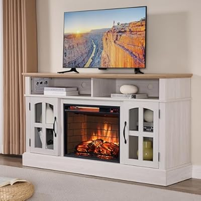 Innoflame Traditional 58" TV Stand with Electric Fireplace - Rustic Entertainment Center for TV up to 70" w/Storage Cabinets/Adjustable Shelves - Media Center for Living Room, White