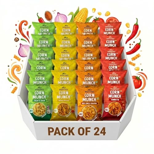 Image of Makino Corn Munch Indian masala, Tomato, Cream & Onion & Red Chilli Chatka, Pack of 24 (150g) Each - First Time in India, Creamy & Zingy Fusion Flavour, Irresistible Snack, Zero Trans Fat, Gluten Free & No MSG
