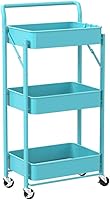 Vista 4 de Foldable Utility Rolling Cart with Wheels No Assembly 3 Tier Metal Rolling Cart with Cup and Hooks Heavy Duty Mesh Storage Baskets Rack Folding