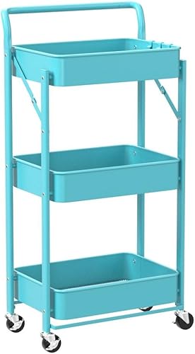 Miniatura 4 de Foldable Utility Rolling Cart with Wheels No Assembly 3 Tier Metal Rolling Cart with Cup and Hooks Heavy Duty Mesh Storage Baskets Rack Folding