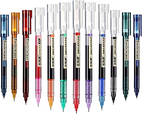 Weimay 12 Pieces Rolling Ball Pens, Quick-Drying Ink 0.5 mm Extra Fine Point Pens Liquid Ink Pen Rollerball Pens (Black, Rose Red, Blue, Purple, Orange, Yellow, Dark Blue, Haze Blue, Red and Green)