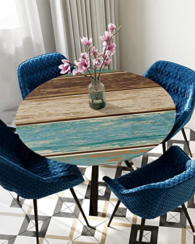 Teal Wood Grain Round Tablecloth with Elastic Retro Teal Brown Wooden Board Farm Barn Waterproof Stain-proof Table Cover Wipeable Fitted Table Cloth for 36