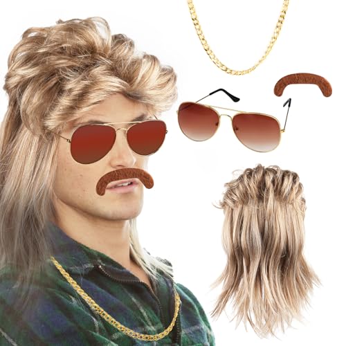 TNEDFOD Perruque Mulet Homme Annee 80, 70s Perruque Homme, Perruques de Cosplay de Mascarade D'halloween, Accessoire Annee 80, avec Lunettes de Soleil, Collier Disco, Fausse Barbe