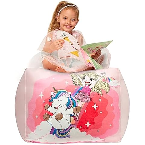 Girls Pink Bean Bag Chairs for Bedroom, Unicorn Stuffed Animal Storage Rainbow Chairs for Girl Room Decor, Medium Size, Velvet Extra Soft Cover Only Cover