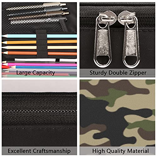 Image of Green Camo Large Capacity Pencil Case, Navy Camouflage Pencil Pouch Pen Bag with Double Zipper, Statiry Pencil Box Pouch Holder Organizer for Office College School Students