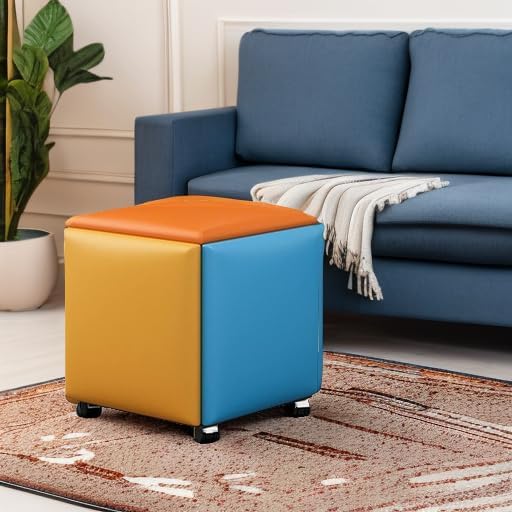 Miniatura 6 de WAYUTO - Cubo de asiento de piel sintética 5 en 1 con ruedas giratorias, apilable, taburete otomano, taburete otomano, reposapiés movible, silla de