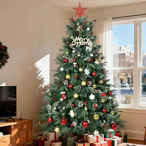 1.8M Snow Flocked Christmas Tree with Silver Glitter & 844 Tips, Pre-Decorated Artificial Xmas Tree with Pine Cones Red Berries, Easy Assembly Metal Stand for Home Office Decor