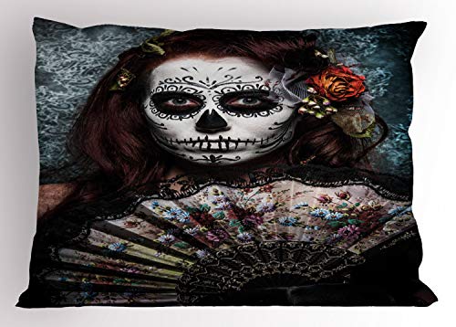 Ambesonne Day of The Dead Pillow Sham, Make up Artist Girl Skull Scary Roses Artwork Print, Decorative Standard King Size Printed Pillowcase, 36